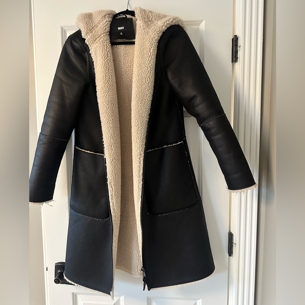 DKNY faux shearling Teddy jacket, black with cream interior, XS